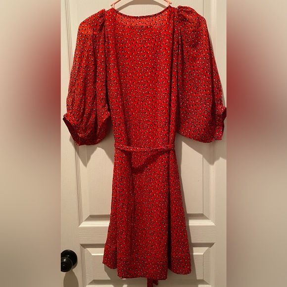 French Connection Warm Red Calypso Flower Mini Tunic Dress 1/2 Dolman Sleeves - Picture 6 of 9